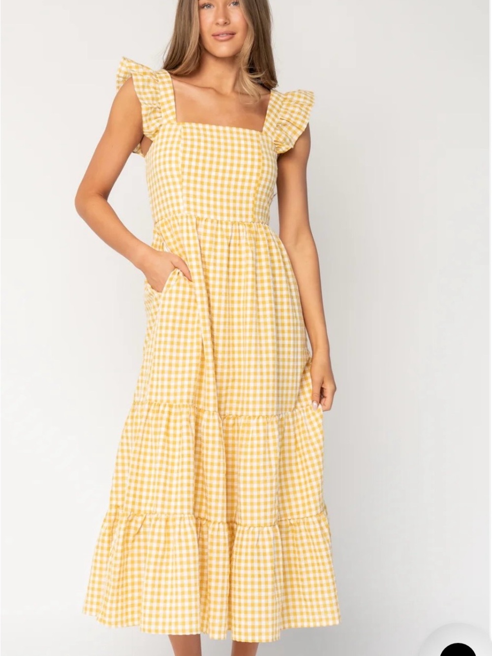 Baltic Born Yellow Gingham Ruffle Strap Midi Dress